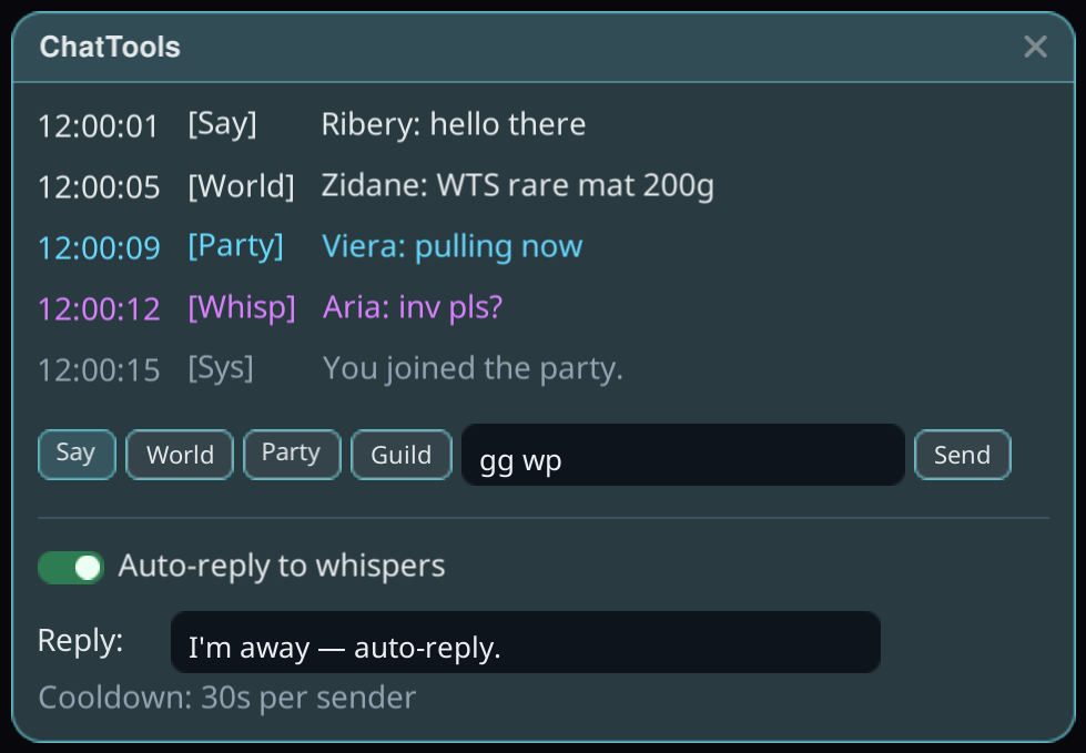 Chat log with channel filters, composer, and whisper auto-reply.