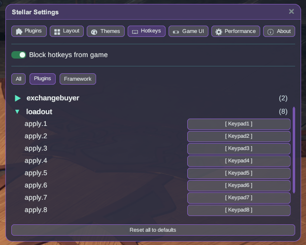 Stellar Settings — Hotkeys: the loadout group with apply.1–apply.8 bindings.