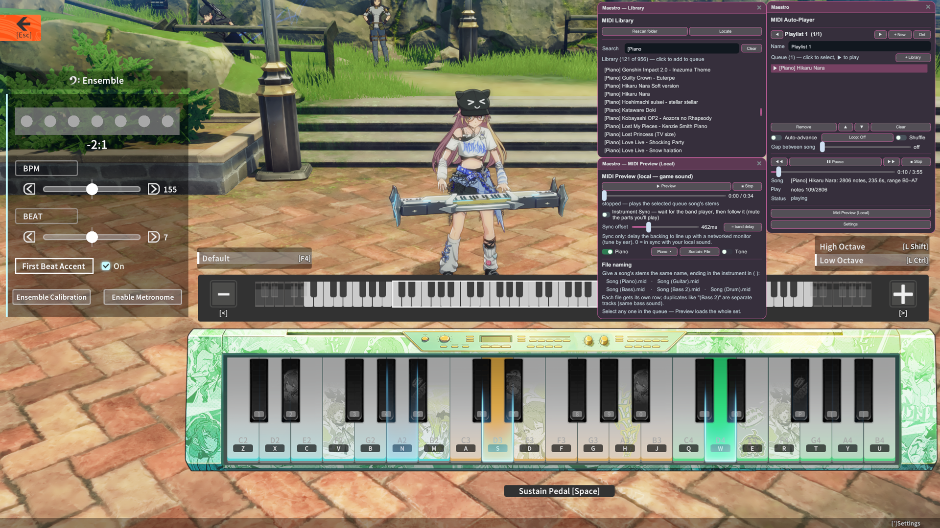 Performing a song in-world with the Library, Auto-Player and Preview windows open.